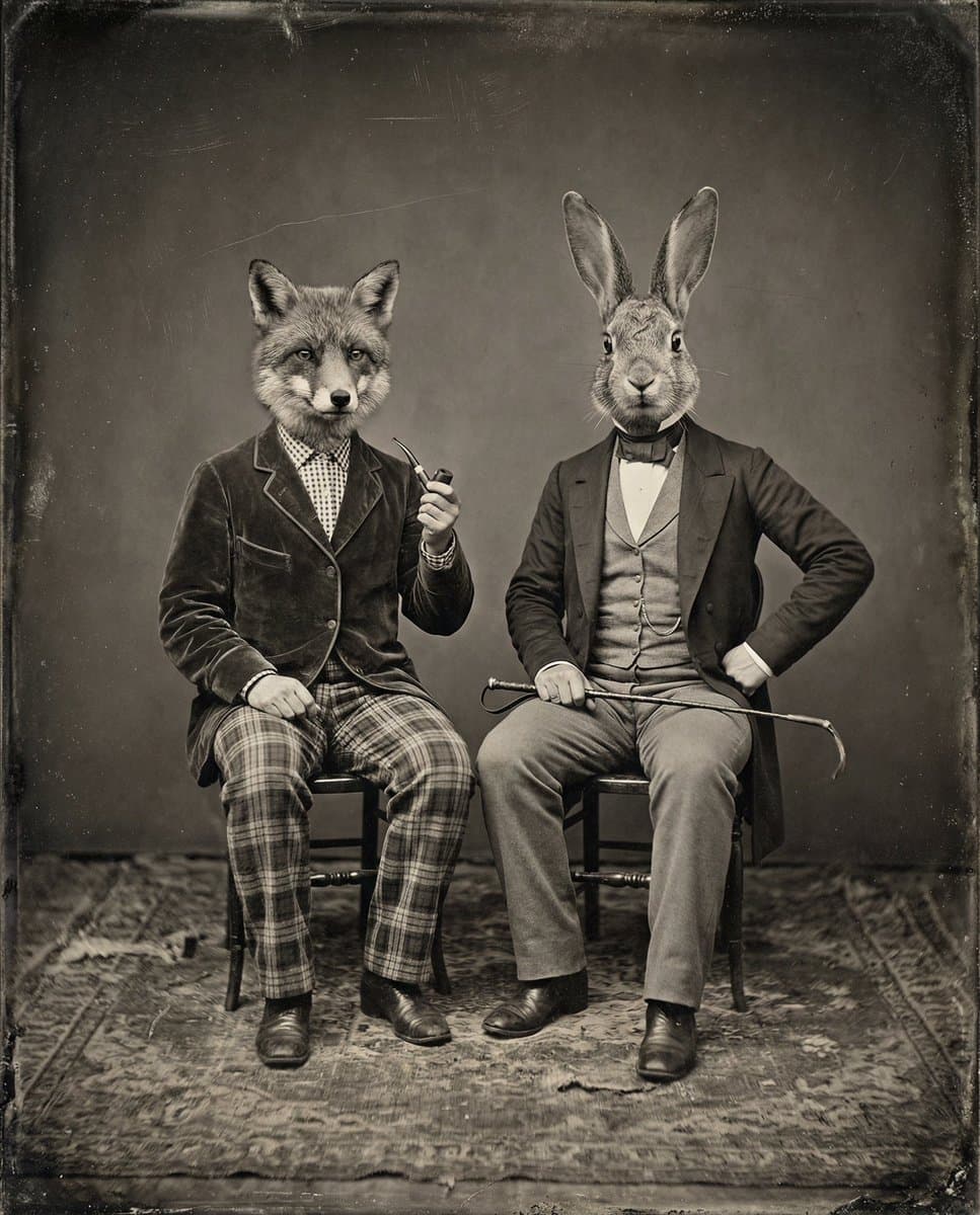 Vintage Sepia-Toned Portrait with Animal Heads — example 1