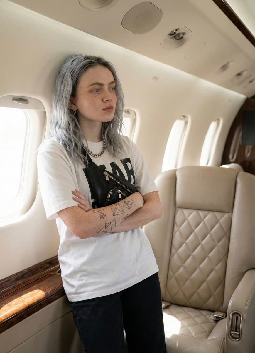 JSON Prompt for Edgy Portrait of Sadie Sink in Private Jet — example 3