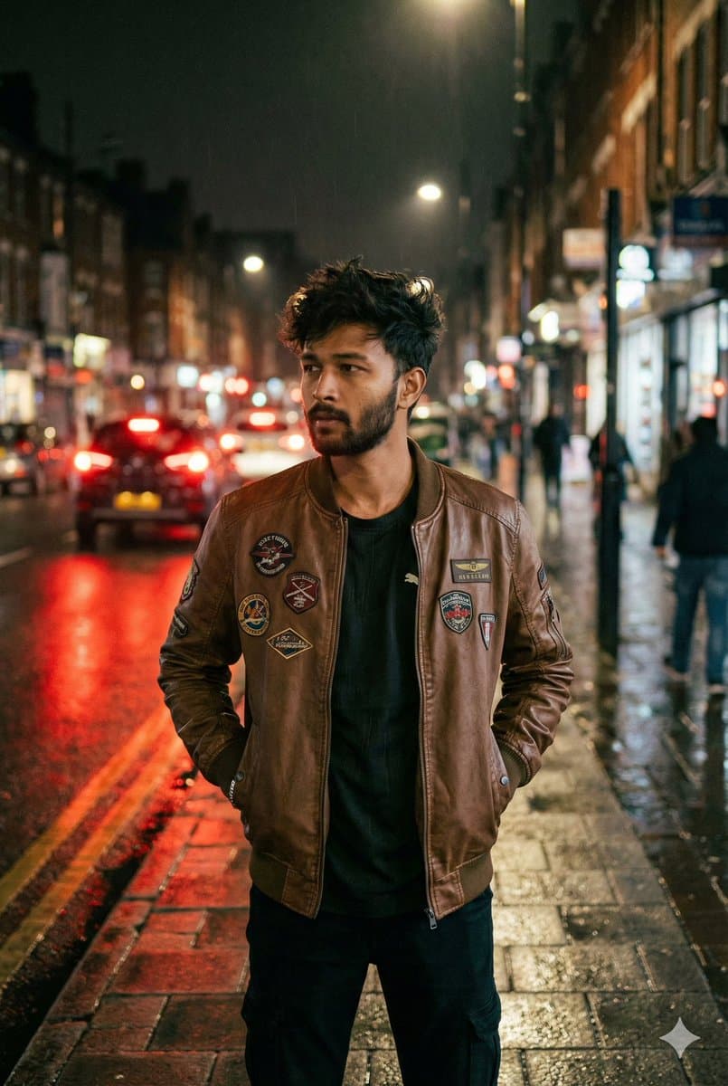 Nighttime Street Portrait with Face Reference — example 1