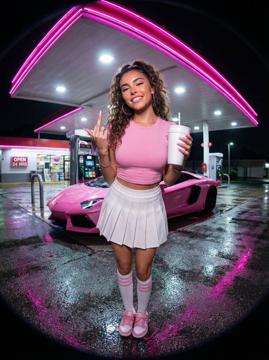 Neon Pink Gas Station Portrait (Fisheye Lens) — example 1