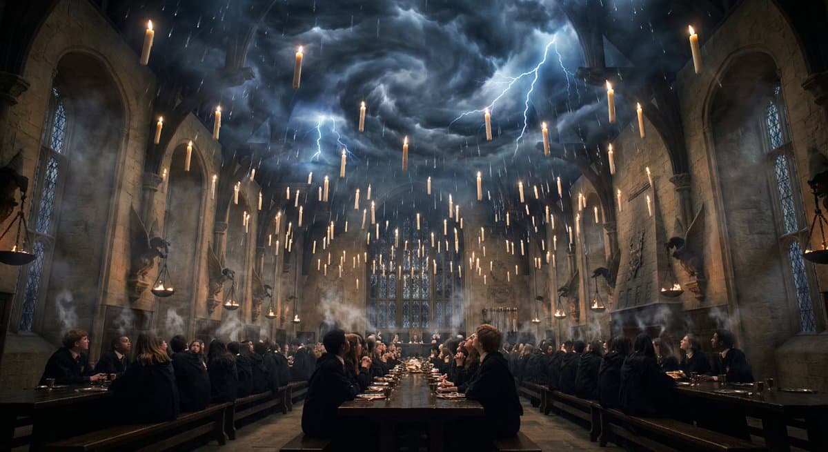 Hogwarts Great Hall during a thunderstorm