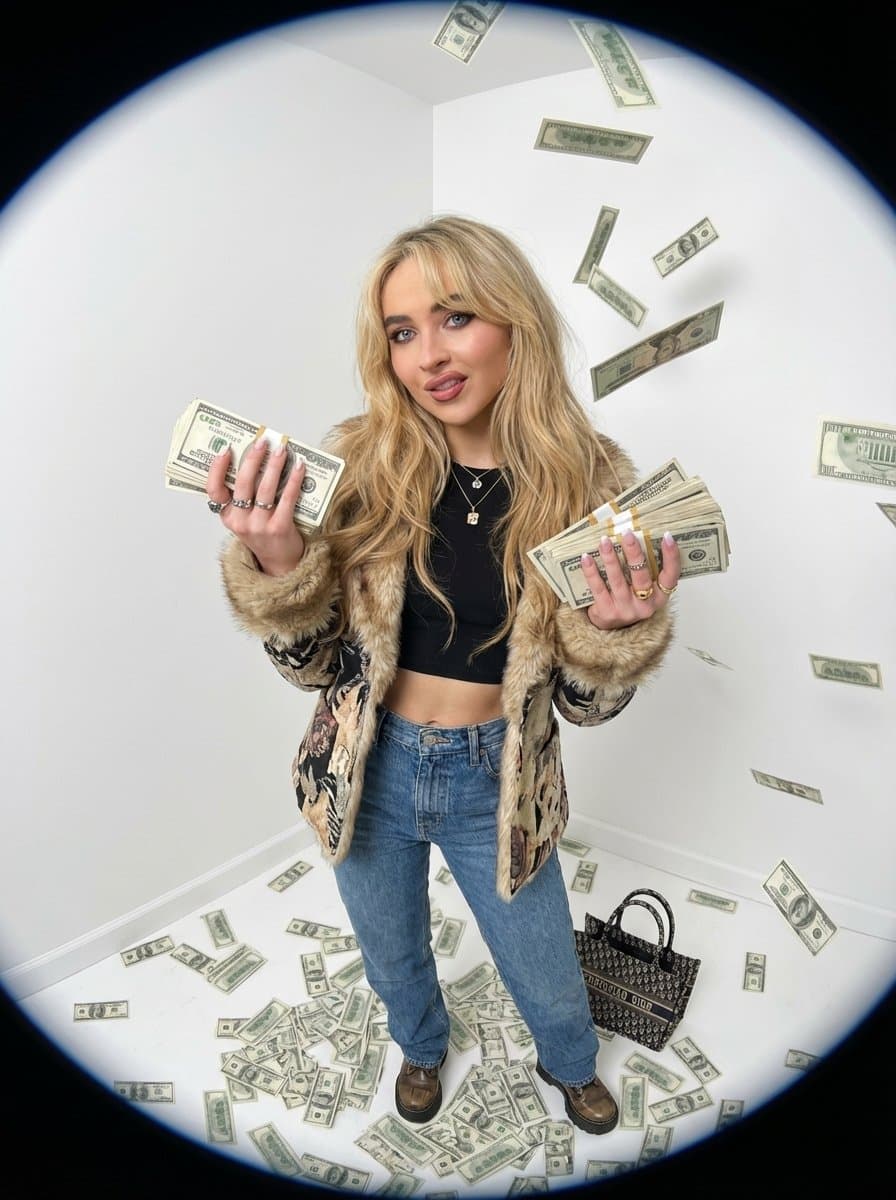 Fisheye portrait with money in a white studio