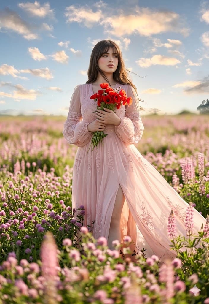 Pink Chiffon Gown Wildflower Field