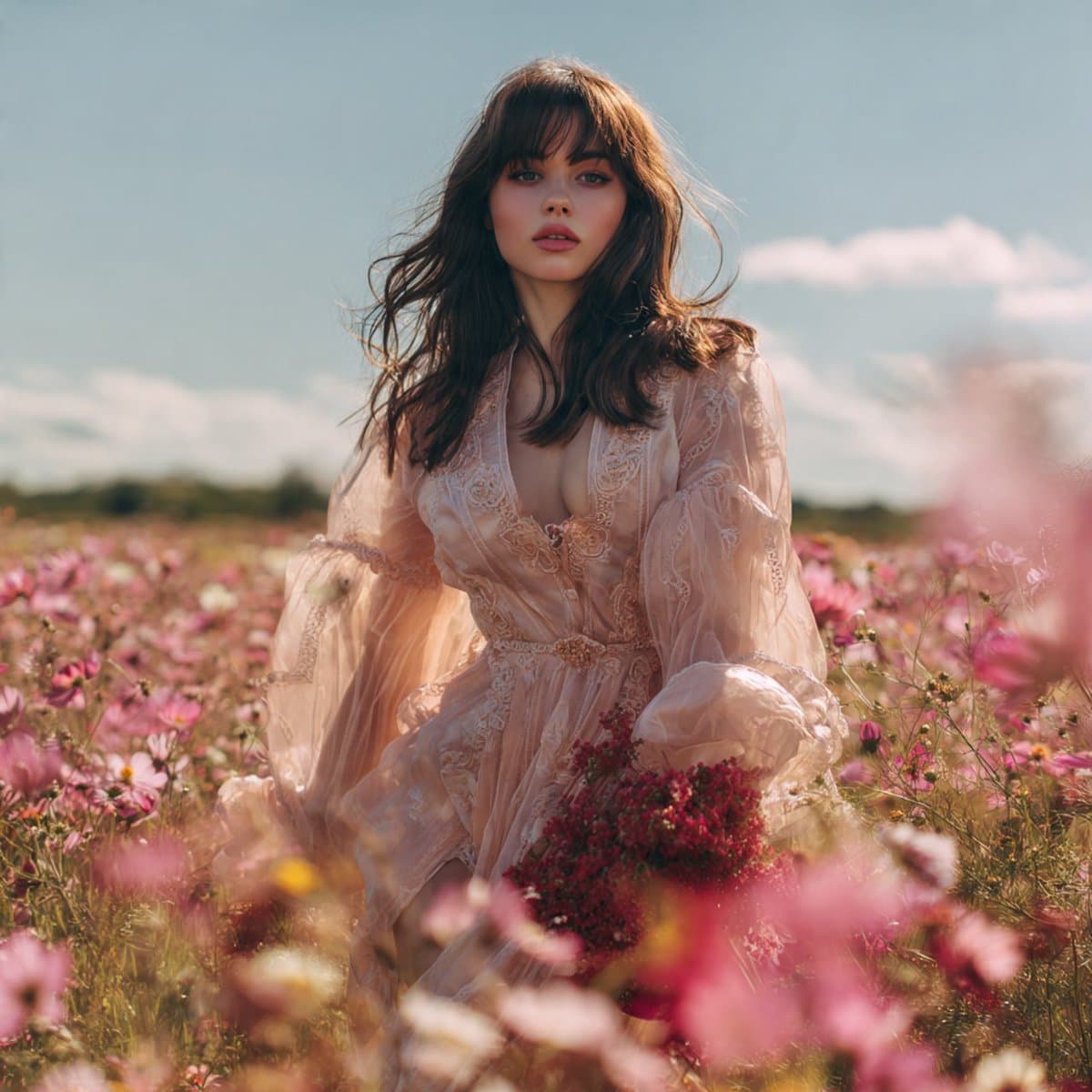 Pink Chiffon Gown Wildflower Field — example 2