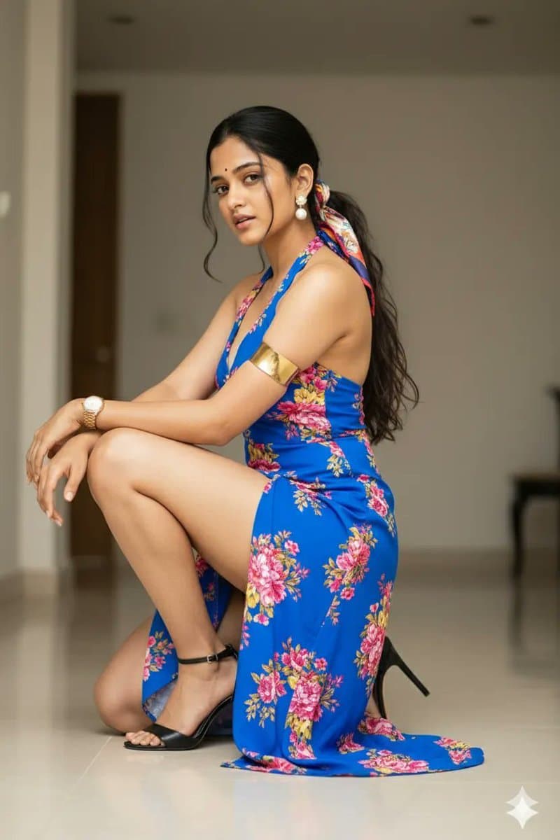 High-Fashion Editorial Portrait of Woman in Floral Halter Dress