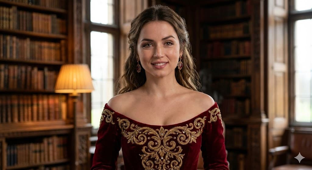 Dataset of Ana de Armas in luxury gowns in historical settings — example 3